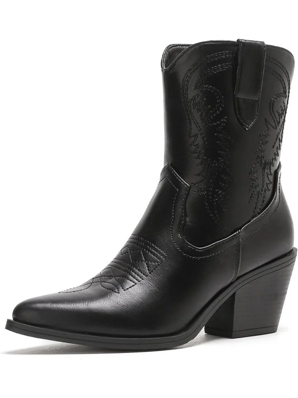 Women's Black Cowboy Ankle Boots Western Booties Pointed Toe Embroidery Shoes